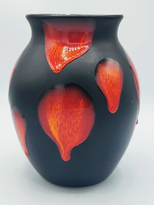 Vintage POOLE POTTERY Vase ENGLAND Galaxy Lava Matte Black w/ Orange Drip Glaze