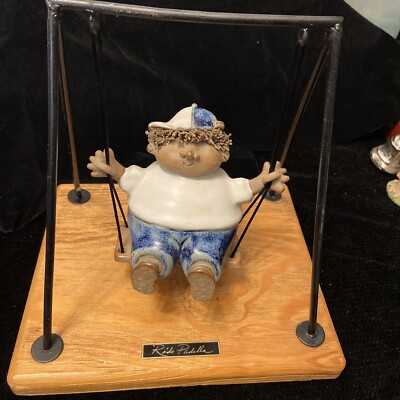 Unique Rodo Padilla Boy On A Swing Sculpture On Wooden Base 9 3/4  X 10 