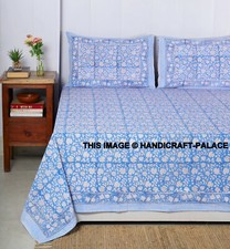 Indian Hand Block Blue Flower Print Bed Sheet Bedspread Queen Cotton Bedding Set