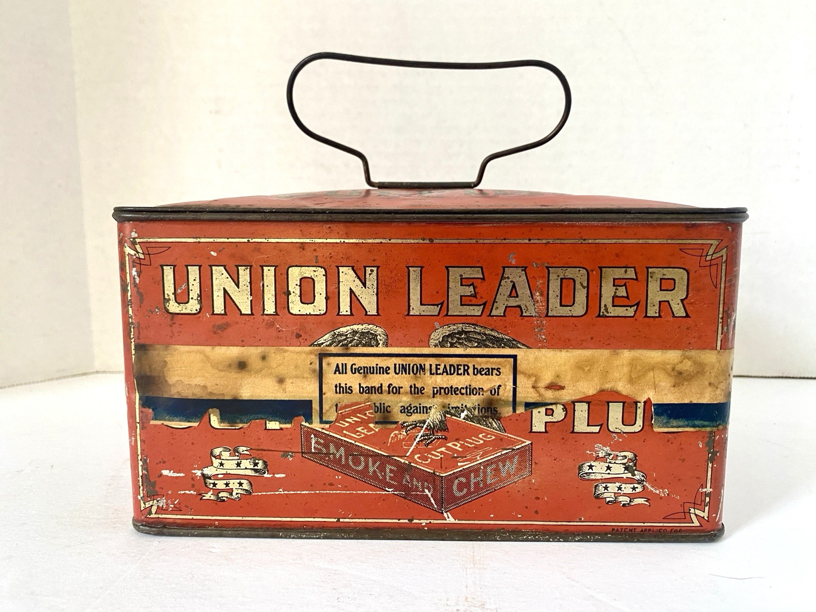 Vintage Union Leader Cut Plug Metal Tobacco Tin w/ Handle & Keeper Latch