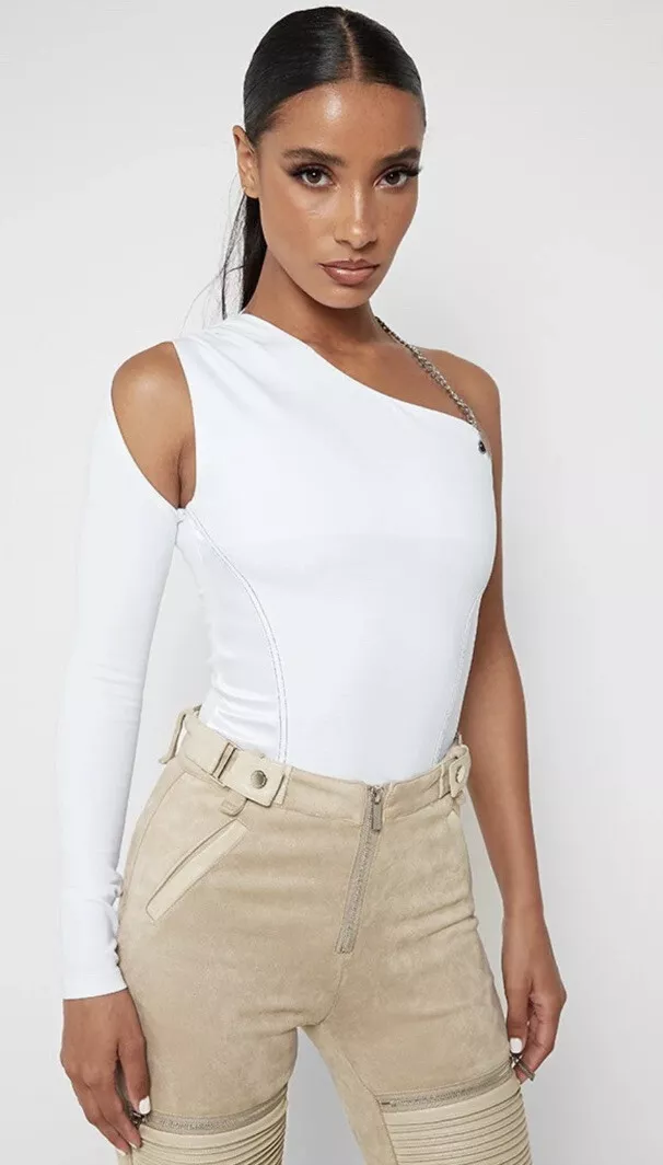 White Formal Dressy Designer Bodysuit With Halter neck Chain Size