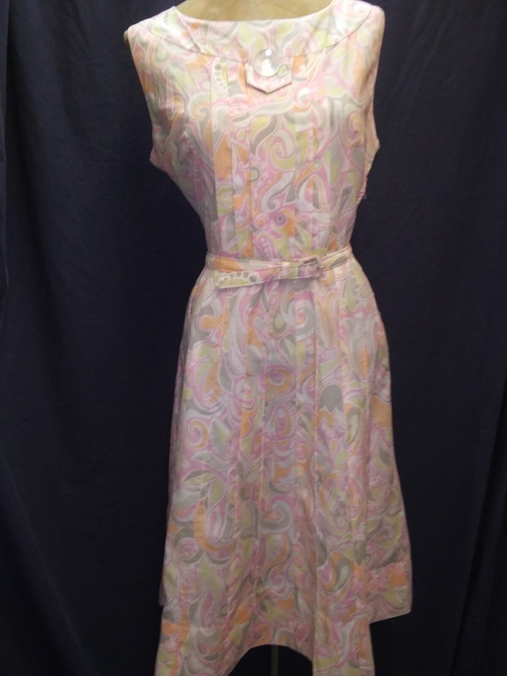 Vintage 1960's Pink Orange Gray White Cotton Summer Dress Size M/L eBay