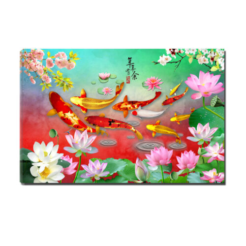 Home Art Wall Decor Gifts Feng Shui Koi Fish Painting Picture Printed on Canvas - Picture 1 of 4