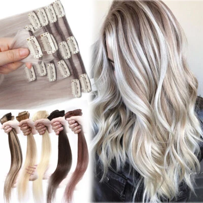 Dick 100% Remy Echthaar Clip In Human Haar Extensions Haarverlängerung 8 Tressen - Bild 1 von 4
