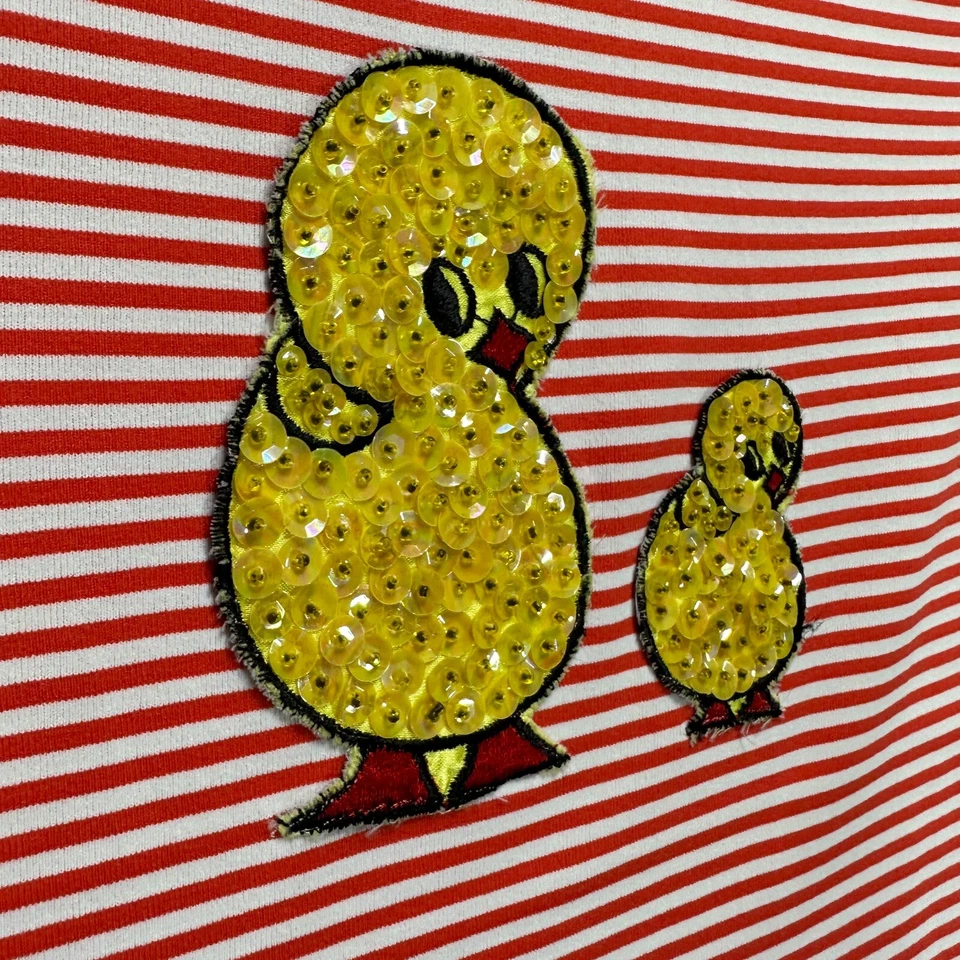 Vintage 60s 70s Womens T Shirt Red White Striped S/S Chicks Bird Applique S RARE - Image 2 of 4