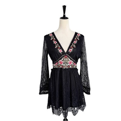 Whimsigoth Fairy Goth Witchy Lace Dress Black Floral Dark Coquette Office Size 6
