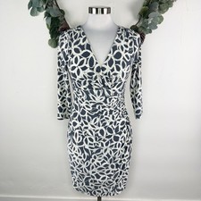 Ralph Lauren Dress Size 8P Faux Wrap 3/4 Sleeve Stretch V Neck Gray Ivory Floral