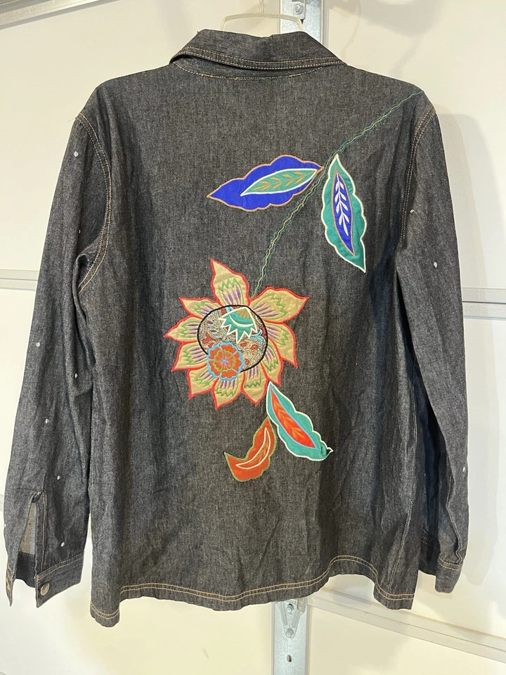 Alex Kim Vintage Denim Shirt Jacket Y2K Artsy Embroidered; Size Large - Image 2 of 4