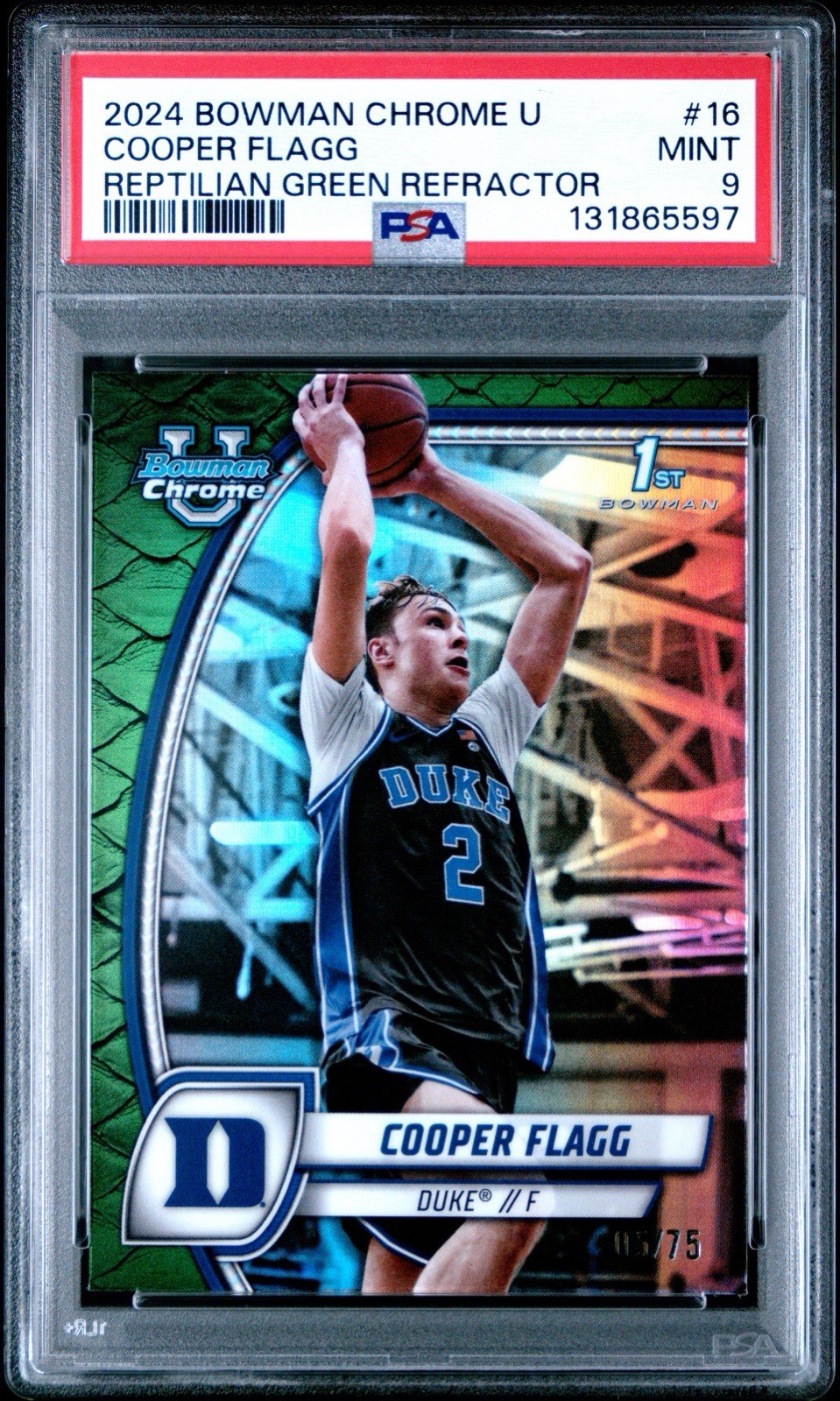 2024-25 Bowman Chrome U Cooper Flagg 1st Bowman Green Reptilian /75 PSA 9 SP