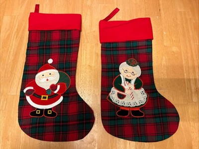 Vintage Santa & Mrs Claus Christmas Stockings Red Green Plaid Pair Taiwan