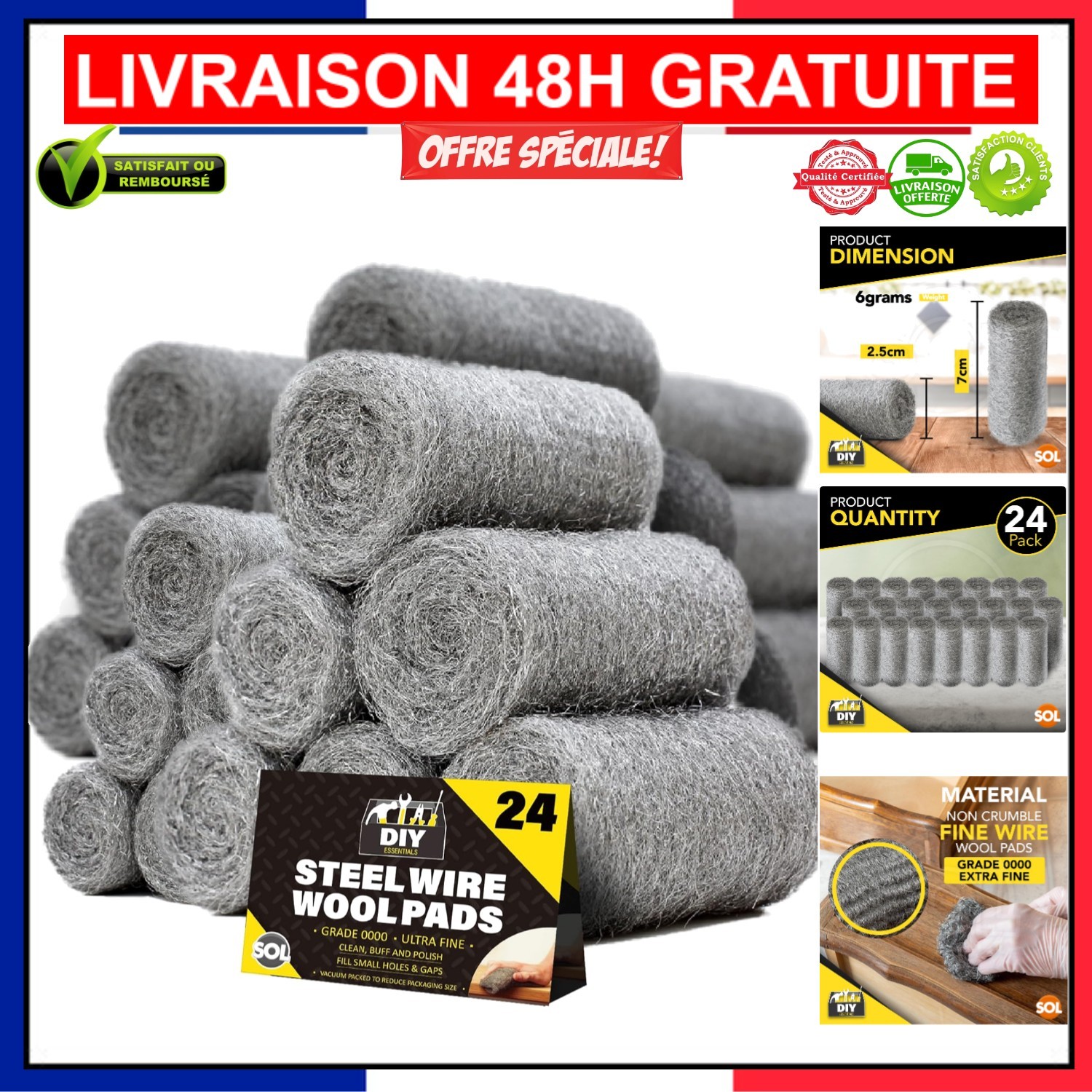 Laine d'acier 0000 extra fine lot de 24 pelotes barrière mécanique