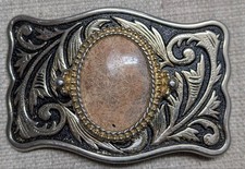 vintage STONE belt buckle FOSSIL cobochon HAND POLISHED coral WESTERN cowboy