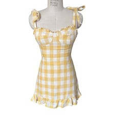 Reformation Desiree Linen Mini Dress in Dandelion Yellow Check Print Size 4