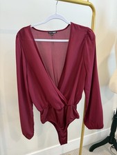 Fashion Nova Sheer Long Sleeve Bodysuit Puff Sleeve Burgundy Medium