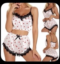 Women s 2-Piece Satin Heart Print Cami Shorts Set, Lace Trim, Bow, Size M