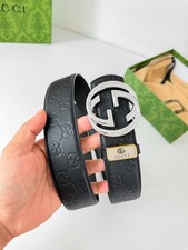 GG Black Leather Monogram Silver Interlocking G Buckle Belt Size 95 - 3.8cm