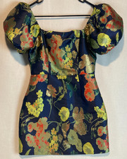 Lulus So Stunning Navy Blue Floral Jacquard Puff Sleeve Mini Dress W's Sz: S