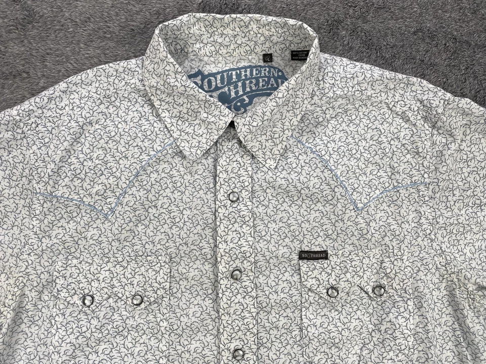 Camisa Southern Thread Para Hombre Grande Blanca Azul Perla Occidental Algodón a Presión Rodeo Foto 4 de 4