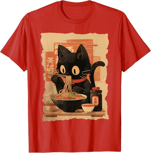 Kawaii Cat Eating Ramen Noodles Funny Anime Gift Girls Teens T-Shirt Hoodie - Picture 12 of 17