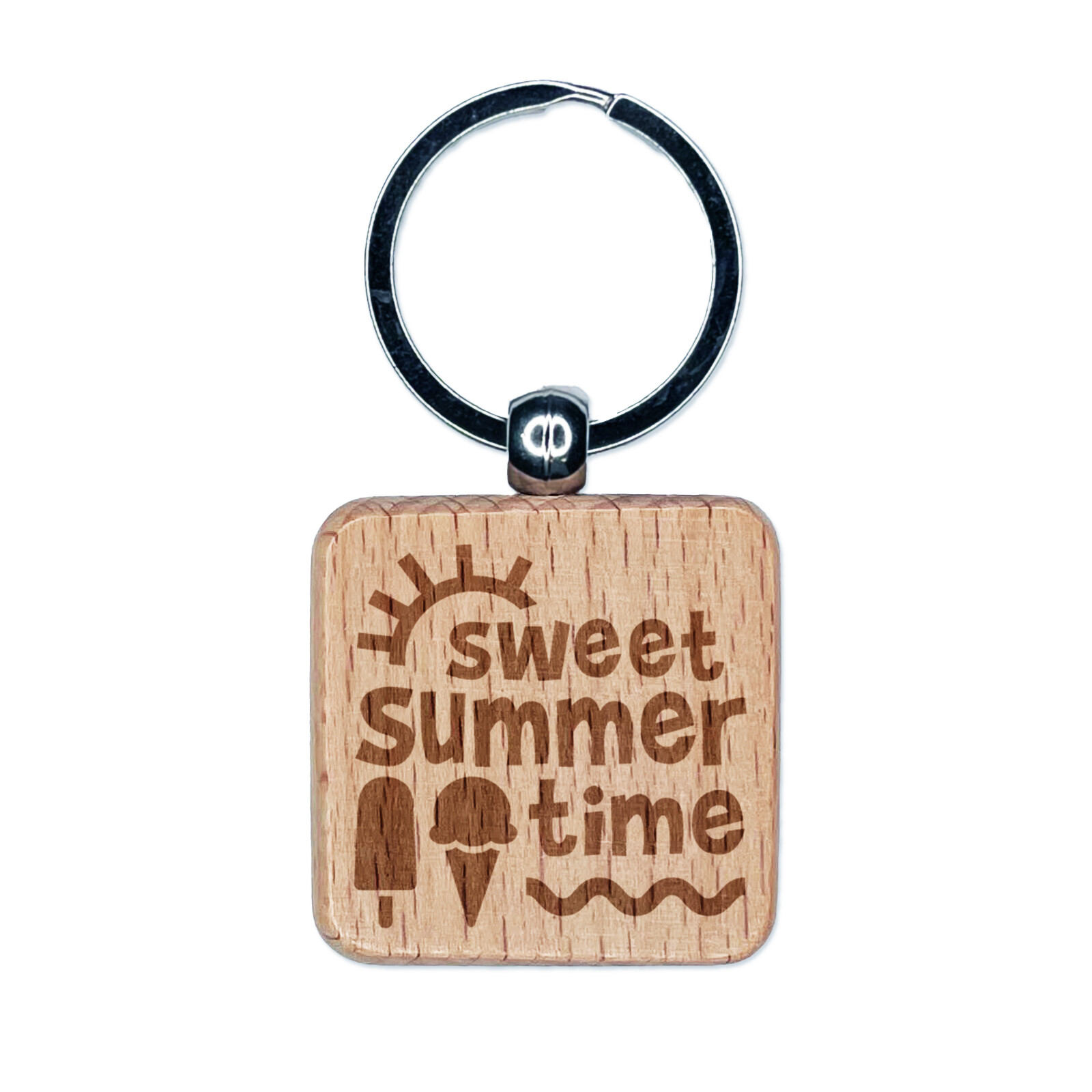 Sweet Summer Time Engraved Wood Square Keychain Tag Charm