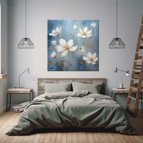 Bellissimo dipinto ad olio fiori bianchi blu pastello stile stampa su tela arte - Foto 4 di 10