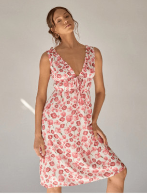 Samantha Sipos Dress XS Pink Floral Sleeveless V Neck Midi $258 Cottagecore
