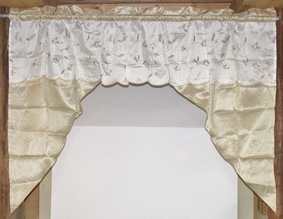 Better Homes & Garden Floral Cafe Curtain Tier & Valance Set ~ Gold Pink Green - Image 2 of 3