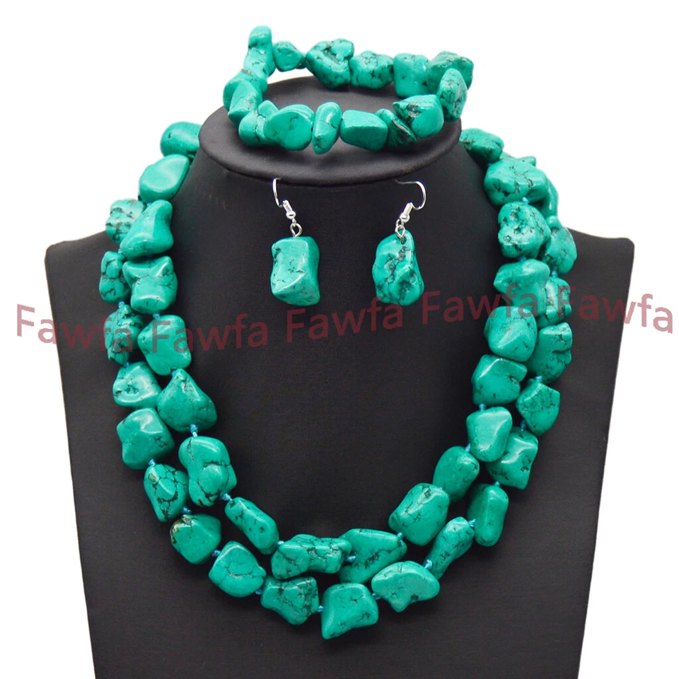 Conjunto de pendientes collar pulsera pepita irregular 15-18 mm verde turquesa cuentas Foto 2 de 4