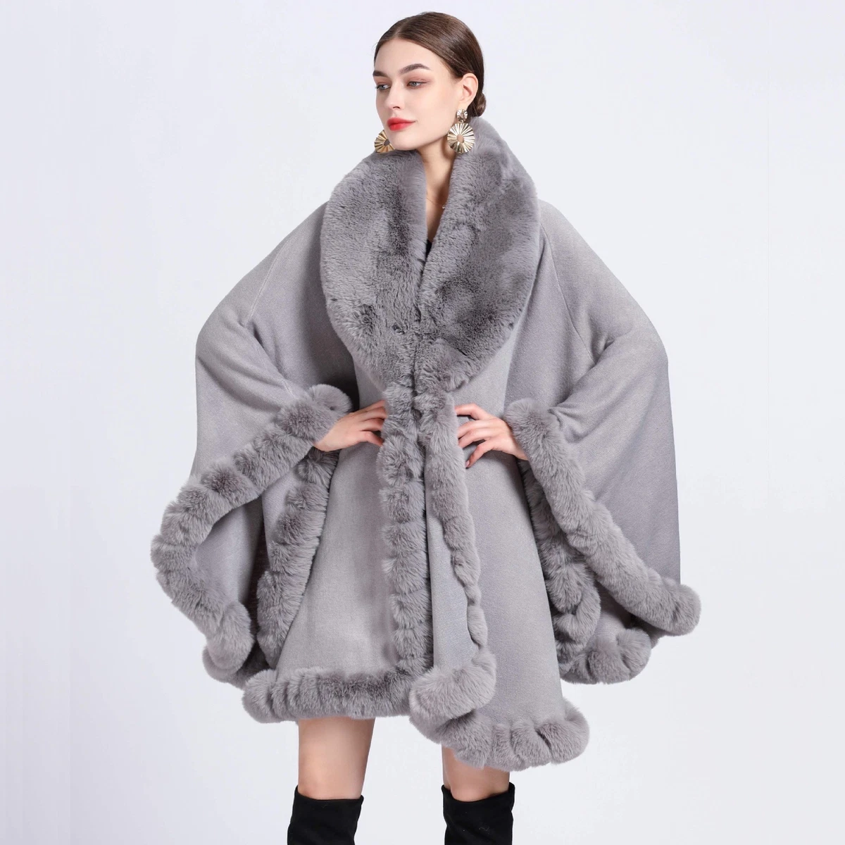 Womens Faux Fur Collar Jacket Party Casual Winter Warm Shawl Cape
