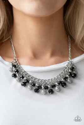 Paparazzi Necklace Party Spree- Black Bead- Silver Metallic Net Beads 