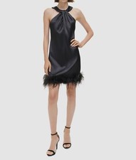 Eliza J Women Black Satin Halter Twist-Neck Feather Trim Shift Dress Size 10