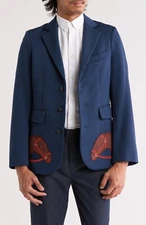 $1890 Bode Men's Pony Applique Wool Suit Jacket Blazer in Blue Multi Size 36 R