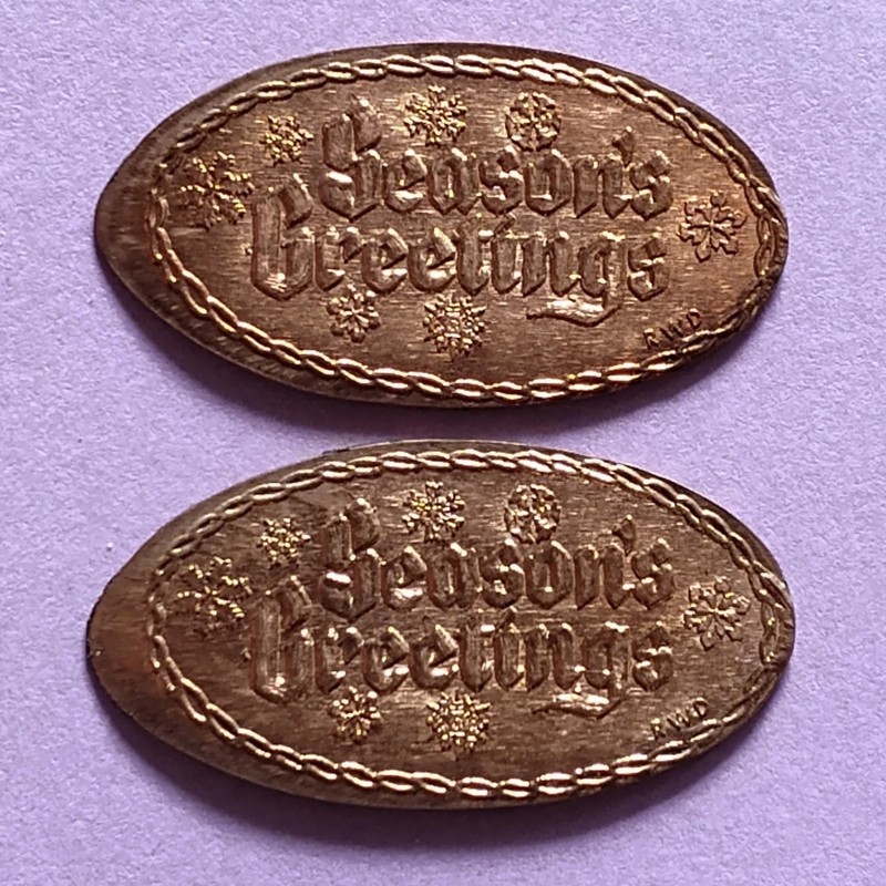 SEASON'S GREETINGS Snowflakes Snow Holiday Elongated 1976 Copper Penny Set of 2