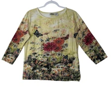 Collections Etc Top Women Medium Floral Sequin Spring Blouse  Artsy Butterfly