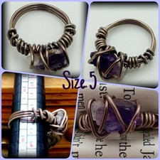 Handcrafted Wire-wrapped Raw Amethyst Ring, Size 5, Dark Silver Colored Wire