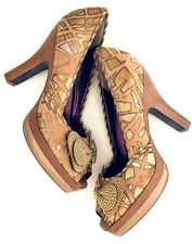 Poetic License Pumps Shoe Animal Print Bow Peep Toe High Heel Sz 7.5 Brown Deco