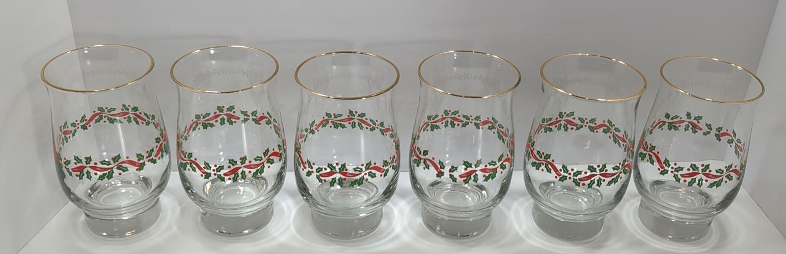 6 Libbey Christmas Holly Berry Glass Red Ribbon Tumbler Tulip Gold Rim 14 OZ