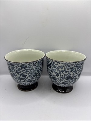 Japanese Arita Teacups Ceramic Blue Kiku Floral Leaves Made in Japan