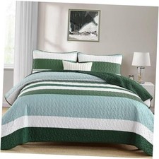 Green Quilt Set Striped, Lightweight Boho Bedspreads Size King Emerald Green