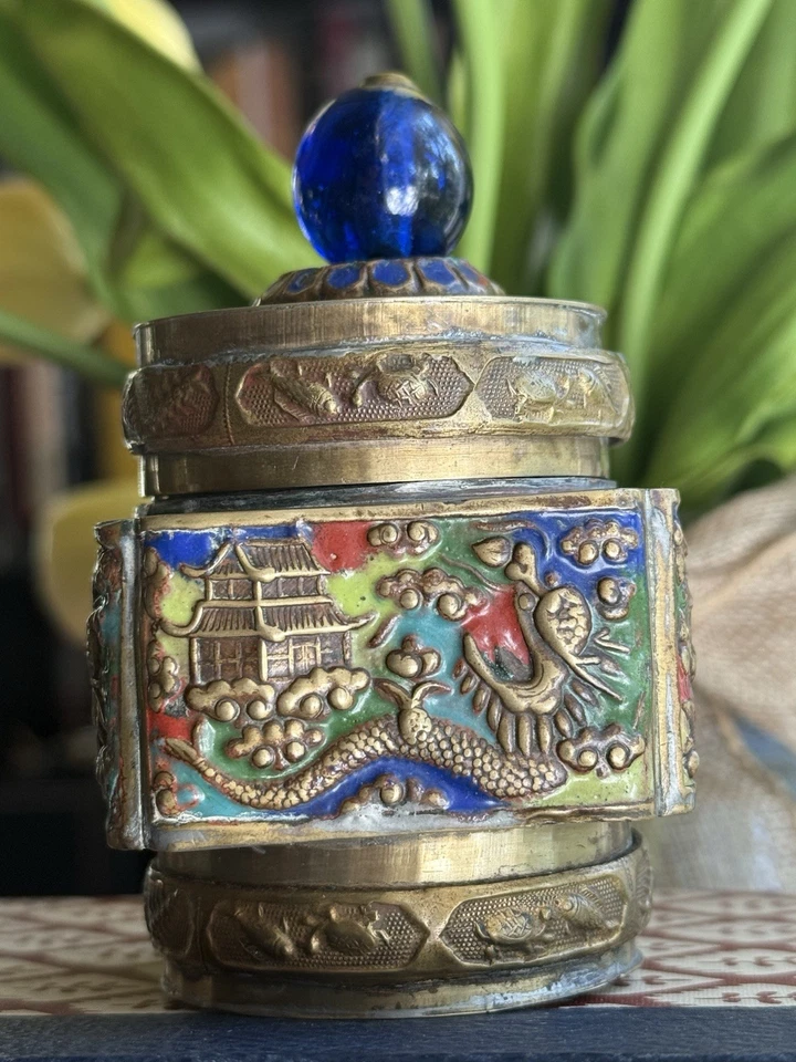 Circa 1900-1940 Antique Chinese Tea Caddy/Snuff Jar W Enamel Cloisonné Brass - Image 3 of 4