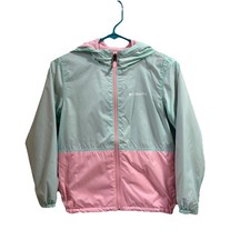 Girls Columbia Fleece Lined Hooded Windbreaker Jacket Sz 10-12 Pink And Green