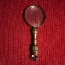 Vintage Brass Magnifying Glass with Ornate Handle and Crystal End