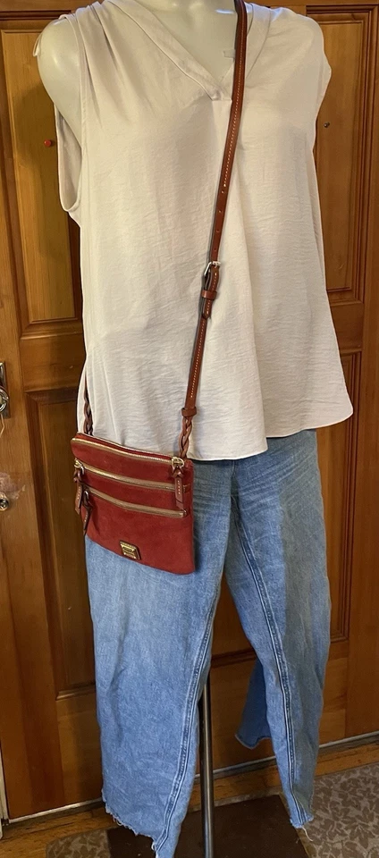 Dooney & Bourke Red Suede Triple Zip Crossbody Purse 8” Lined Lng Strap 26” Drop - Image 2 of 4