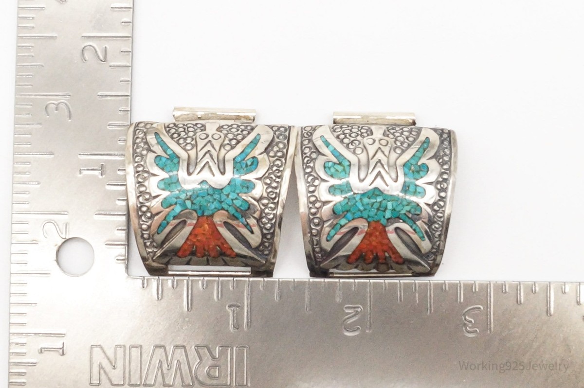RARE Native American Thomas Singer Turquoise Coral Silver Watch Ends TIPS Thomas-Singer-Rare-Hallmark-  main image 2