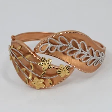18K Solid Tri-Color Rose Yellow White Gold Woman Fashion Leaf Design Bangle 17.8