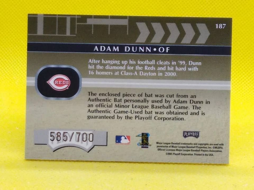 Adam Dunn 2001 Playoff Absolute ROOKIE Premiere Materials GAME-USED BAT #187 - Image 2 of 2