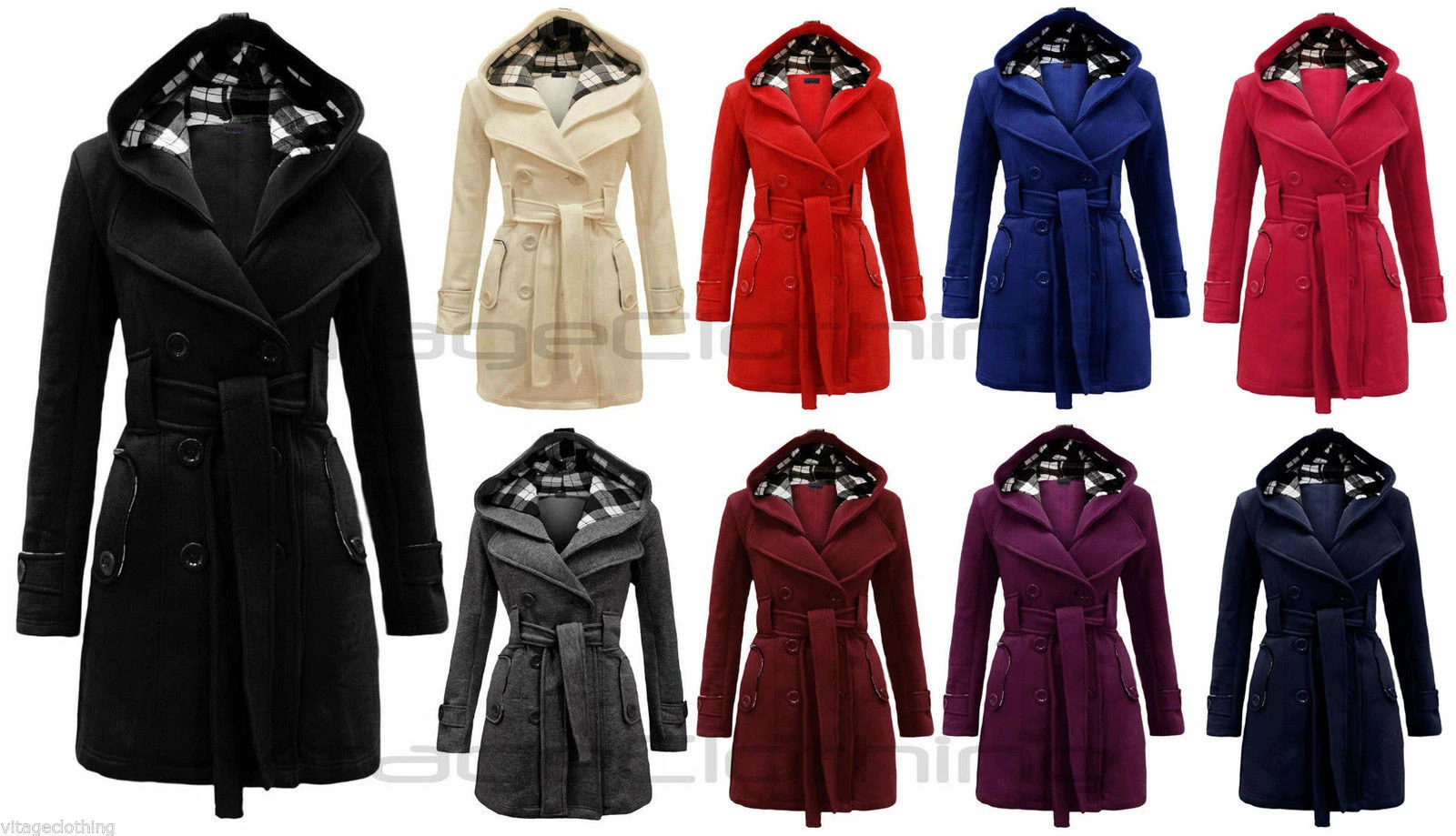 Women's Check Hooded Belted Winter Duffle Coat Long Buttoned Fleece Jacket
Opens in a new window or