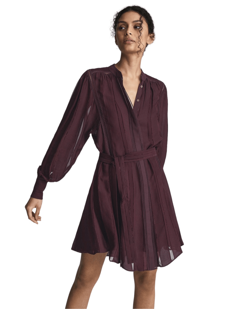 Reiss HARRIET LACE TRIM MINI DRESS burgundy size 12 NWT missing belt