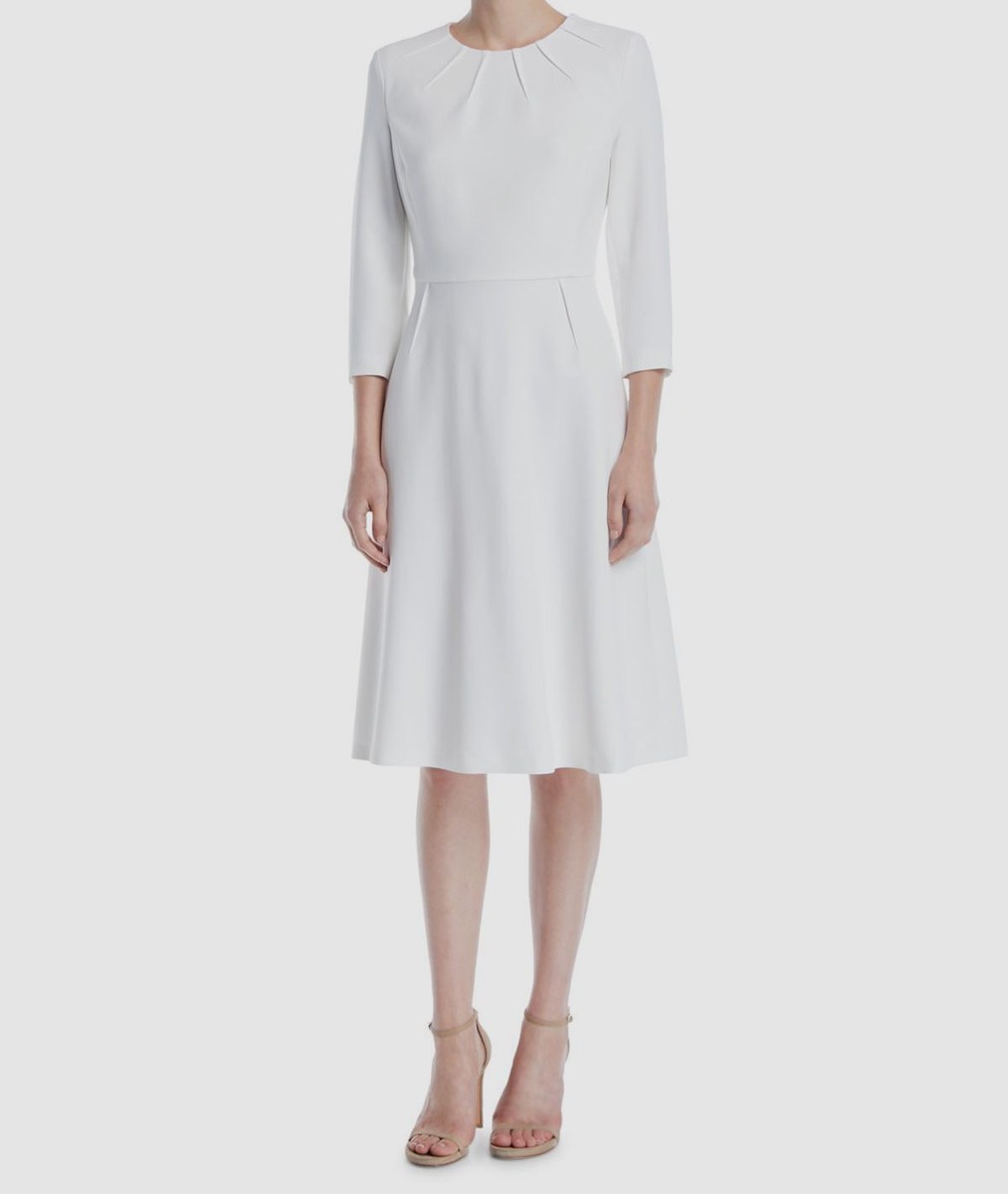 escada a line dress $1295 Escada Women White Stretch Cap-Sleeve V-Neck Pleated A-Line Dress US  14/44