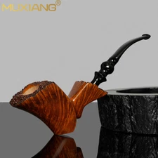 MUXIANG Briar Freehand Tobacco Pipe Wooden Smooth Poker Pipe Bent Ebonite Stem